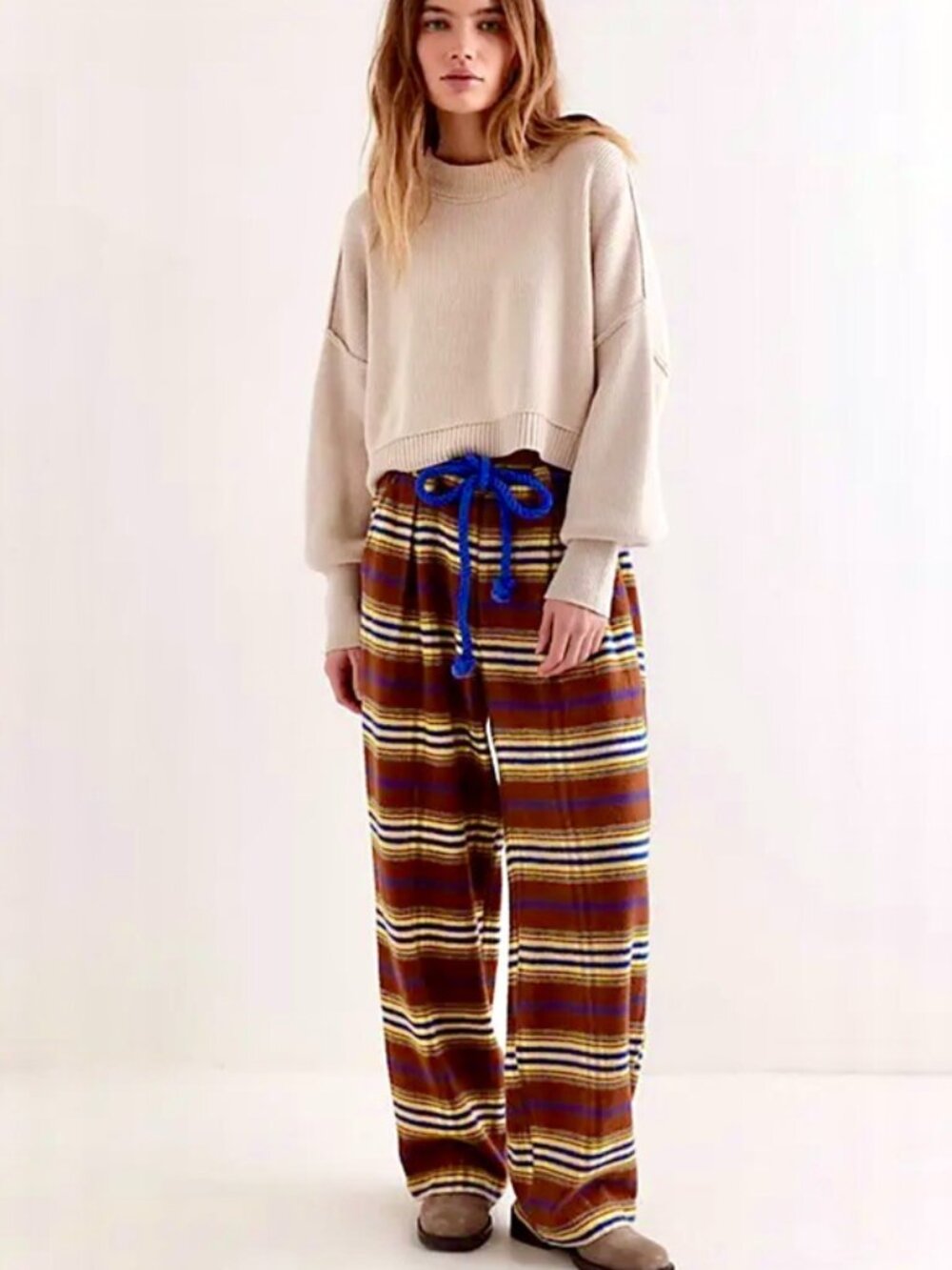 Free People Preppy Plaid Pull On Trousers Pants Striped Printed S